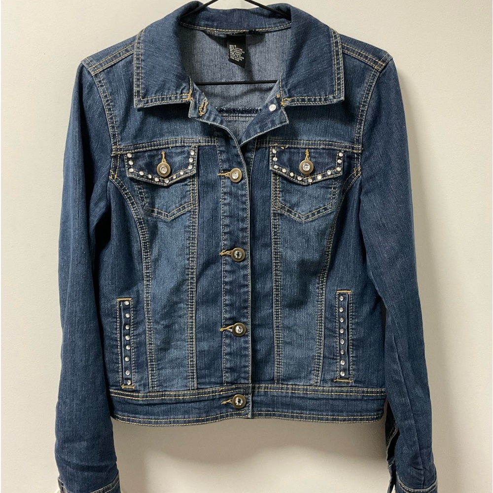 Blingy Baccini Rhinestone Slight Stretch Button Down Blue Jean Jacket! - Picture 2 of 10